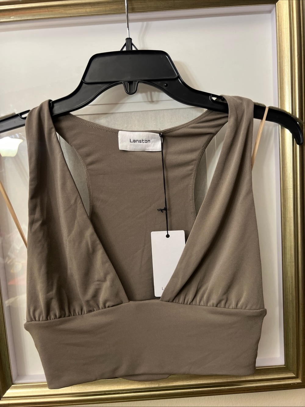 MWT Lanston Taupe Deep V Crop Top /workout bra XS/S
